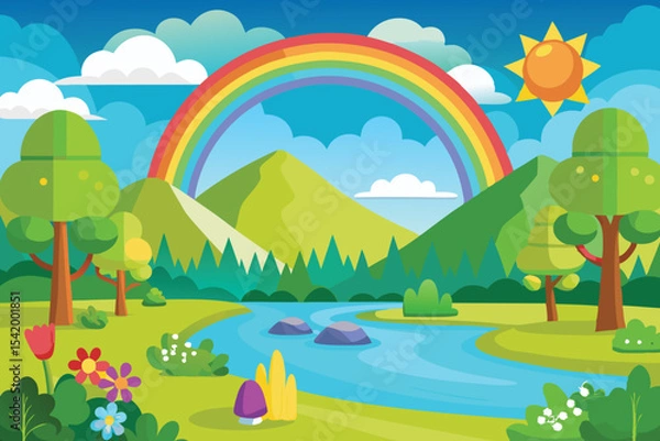 Obraz summer landscape with rainbow vector illustration