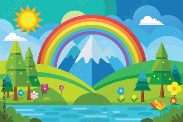 Obraz spring landscape with rainbow vector illustration