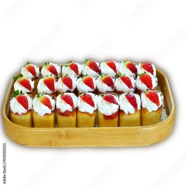Fototapeta Slices of cakes with fresh strawberry and chocolate sticks on white background. Sweet snack desserts.