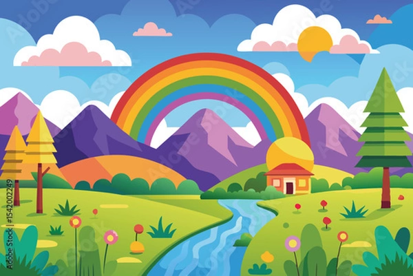 Obraz spring landscape with rainbow vector illustration