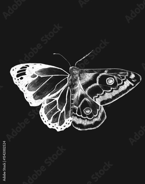 Fototapeta Half butterfly, half moth – white insect on dark background