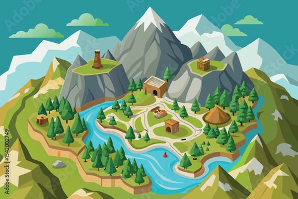 Obraz top down map view of a mountainous vector illustration