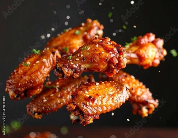 Fototapeta Buffalo Wings Floating – Spicy Appetizer Captured in Cinematic Studio Light