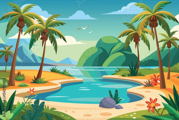 Obraz tropical beach paradise with palm trees vector illustration