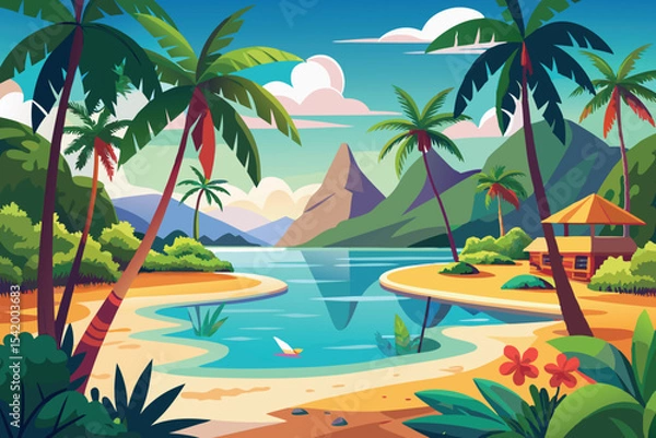 Obraz tropical beach paradise with palm trees vector illustration