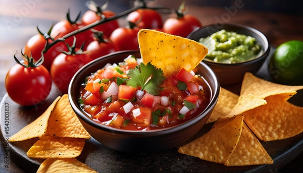Obraz fresh salsa and crunchy tortilla chips are the perfect match for a tasty snack that packs a flavorful punch enjoy the zest