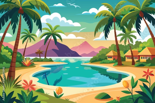 Obraz tropical beach paradise with palm trees vector illustration