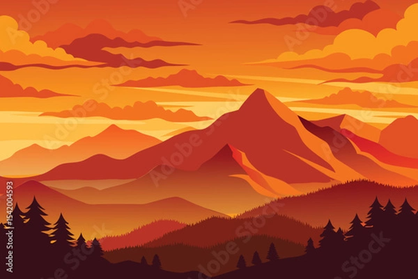 Obraz vibrant orange sky over mountain silhouette vector illustration