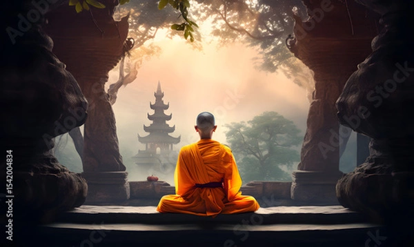 Obraz A meditating monk rests in a mountain monastery and prepares for a spiritual ceremony.