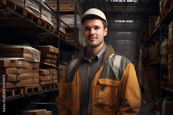 Obraz A warehouse worker checks the goods in the shelves with building materials. A store with many shelves with stocked goods.