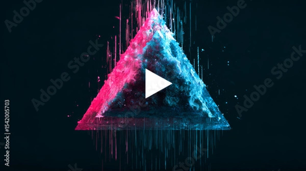 Fototapeta Wide Glitch Banner with Glitched Triangle Play Icon. Designs for Banners, Web Pages, Presentations. Vector Illustration.