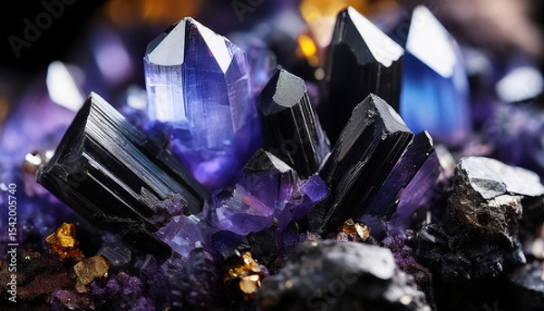 Obraz black crystals of sphalerite with fluorite detailed macro photograph
