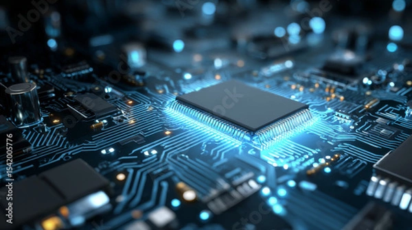 Fototapeta AI glowing circuit board background. Connected blue lines with hi-tech electronics elements. Computer motherboard. Technology digital panel. Vector illustration
