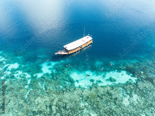 Obraz Snorkelers explore the edge of a coral reef within Wakatobi National Park, off the coast of Sulawesi. This area is a popular destination for divers and snorkelers due to its high marine biodiversity.