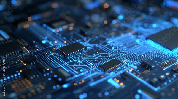 Fototapeta AI glowing circuit board background. Connected blue lines with hi-tech electronics elements. Computer motherboard. Technology digital panel. Vector illustration