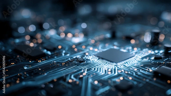 Fototapeta AI glowing circuit board background. Connected blue lines with hi-tech electronics elements. Computer motherboard. Technology digital panel. Vector illustration