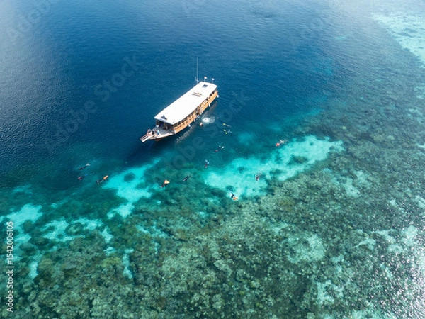 Obraz Snorkelers explore the edge of a coral reef within Wakatobi National Park, off the coast of Sulawesi. This area is a popular destination for divers and snorkelers due to its high marine biodiversity.