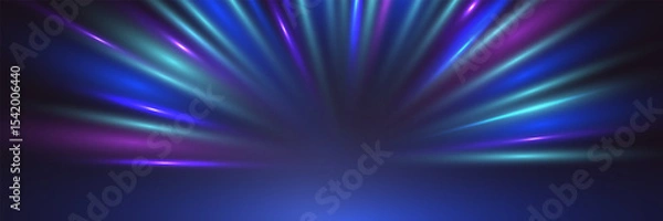 Fototapeta Neon lights and glowing stage beams in a futuristic spotlight scene on dark background. Perfect for events, concerts, or tech visuals. Vector Illustration
