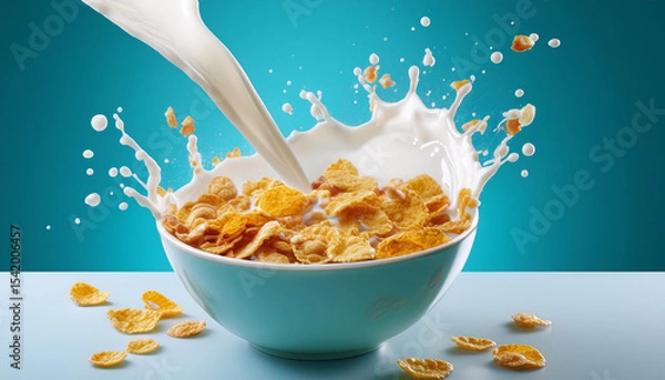 Obraz a bowl of breakfast cereal with a milk splash on an isolated background