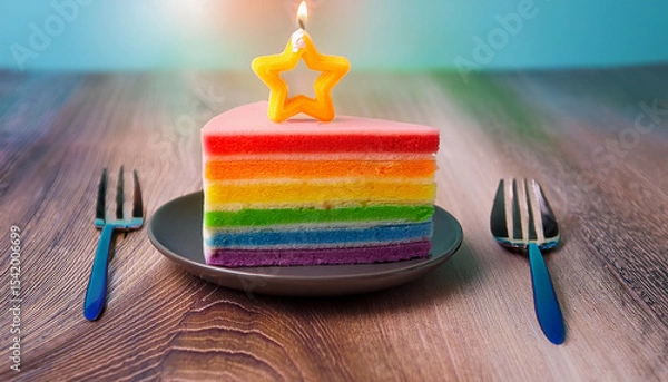 Obraz rainbow layer cake star candle bright background bakery delicious round plate