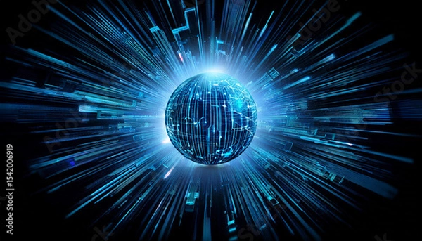 Obraz blue tech sphere burst on black background