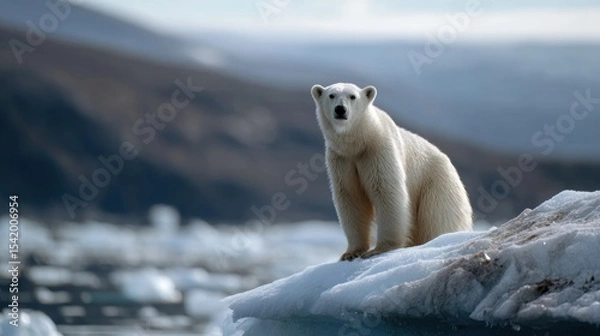 Fototapeta Polar bear stands majestically on ice formation, gazing into distance. serene landscape features icy waters and distant mountains, evoking sense of tranquility and wonder