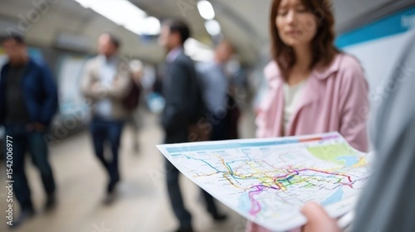 Fototapeta Person holding public transport map in busy subway station, surrounded by commuters. map features highlighted safety routes, emphasizing navigation and urban travel