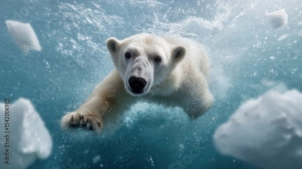 Fototapeta Polar bear swimming in icy waters, surrounded by floating ice fragments, showcases beauty and grace of this majestic creature in its natural habitat. scene evokes sense of wonder and tranquility