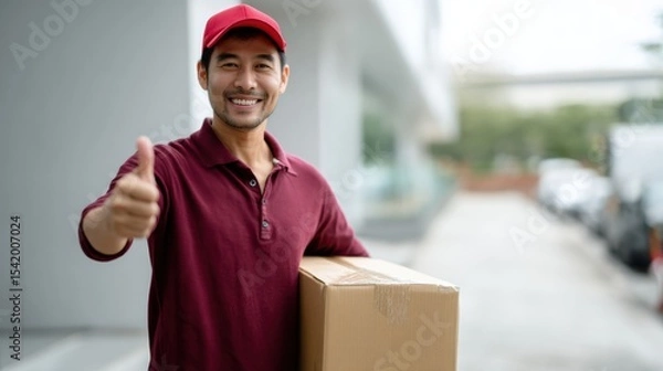 Fototapeta Satisfied delivery person giving thumbs up while holding cardboard box, showcasing positive attitude and excellent service. background features modern urban setting