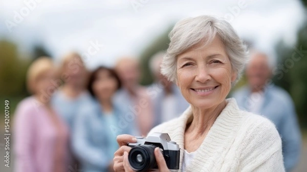 Fototapeta Senior woman smiling while holding camera, surrounded by group of people in background. scene conveys joy and connection through photography