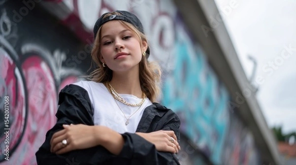 Fototapeta Stylish teenager poses confidently in urban setting, showcasing blend of street fashion and attitude. vibrant graffiti backdrop enhances youthful vibe