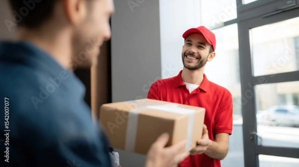 Fototapeta Smiling courier hands over package to customer, showcasing friendly delivery experience in modern indoor setting. interaction conveys warmth and professionalism