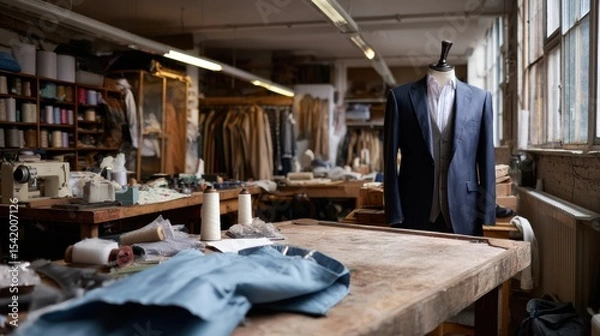 Fototapeta Tailor workshop filled with tools, fabrics, and mannequin displaying tailored suit. atmosphere is creative and industrious, showcasing art of tailoring