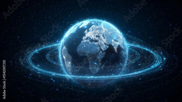 Fototapeta Hologram of futuristic planet Earth with digital glowing map of dots. Hi-tech HUD circles. Abstract rings in the orbit with stars on dark background. Global communication system. Vector. EPS 10