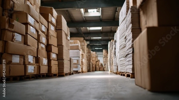 Fototapeta Warehouse filled with neatly stacked cardboard boxes, creating sense of organization and efficiency. lighting highlights orderly arrangement, evoking feeling of productivity and readiness