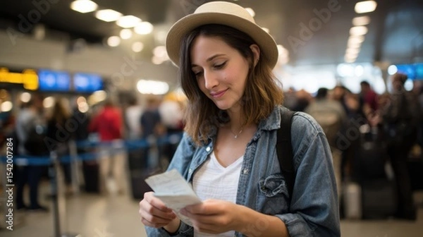 Fototapeta Young traveler in denim jacket and straw hat is checking her travel documents at airport, surrounded by busy crowd. She appears focused and excited about her journey
