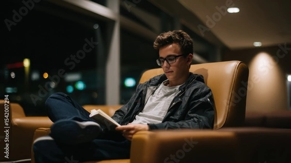 Fototapeta Young traveler reading book while relaxing in comfortable chair at night, surrounded by cozy atmosphere and soft lighting, creating peaceful moment of solitude