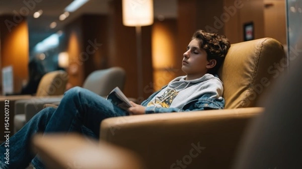 Fototapeta Young traveler relaxes in comfortable chair, absorbed in book, surrounded by modern lounge atmosphere. serene expression reflects moment of peace and tranquility