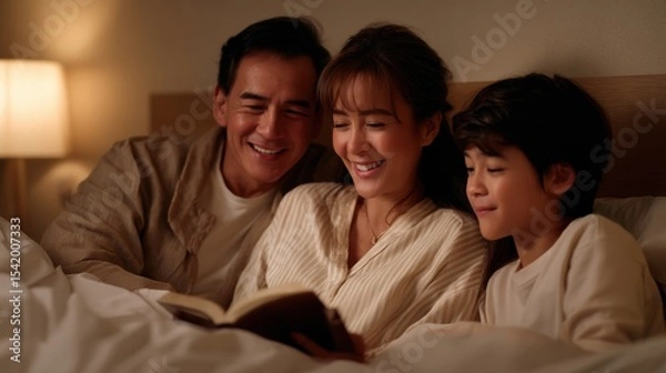 Fototapeta Family enjoys cozy evening together, reading book in bed. warm light creates comforting atmosphere, highlighting their joyful expressions and shared moments of connection