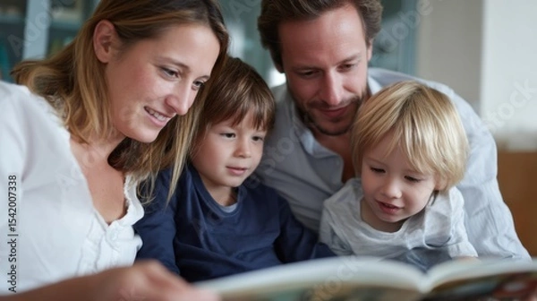 Fototapeta Family enjoys cozy moment together, reading book and sharing smiles. children are engaged and curious, creating warm atmosphere of love and togetherness