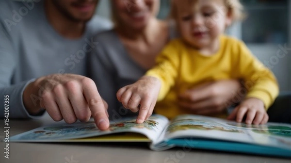 Fototapeta Family enjoys moment together, sharing book as they point at colorful illustrations. child curiosity shines through as fingers touch pages, creating warm and engaging atmosphere