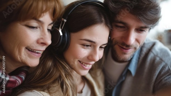 Fototapeta Sharing joyful moment, family enjoys music together while using headphones. close up captures their smiles and connection, highlighting warmth of family bonds