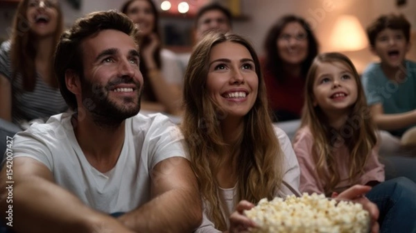 Fototapeta Family gathered around screen watching movie, enjoying popcorn and sharing smiles, creating joyful atmosphere filled with laughter and connection