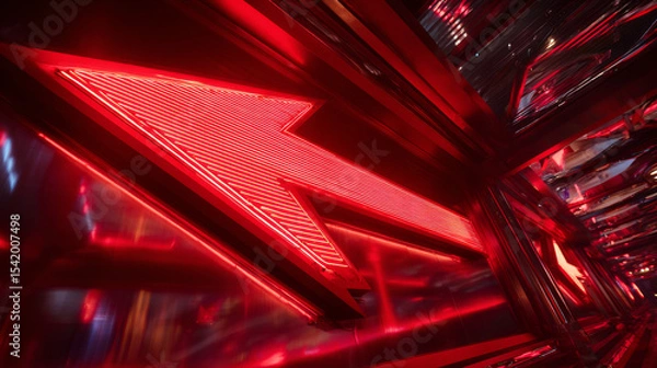 Fototapeta Abstract red neon arrow light glow background. Futuristic cyber laser line motion banner for casino. Dynamic techno perspective beam 3d graphic design. Cool party power and energy boost led tunnel
