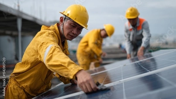 Fototapeta Workers installing solar panels on factory roof, showcasing teamwork and dedication to renewable energy. scene captures importance of sustainable practices in modern industry
