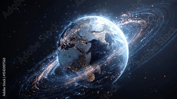 Fototapeta Hologram of futuristic planet Earth with digital glowing map of dots. Hi-tech HUD circles. Abstract rings in the orbit with stars on dark background. Global communication system. Vector. EPS 10