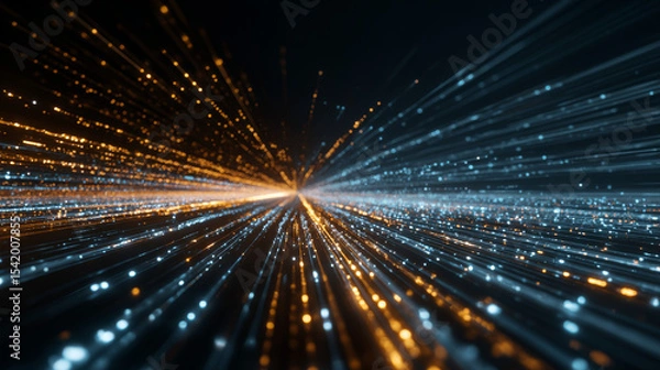 Fototapeta Cyber square tunnel consisting of moving glowing points. Futuristic infinite space background. Concept of data transfer in cyberspace. Hi-tech illustration. 3d rendering