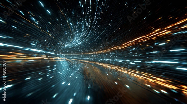 Fototapeta Cyber square tunnel consisting of moving glowing points. Futuristic infinite space background. Concept of data transfer in cyberspace. Hi-tech illustration. Vector illustration.
