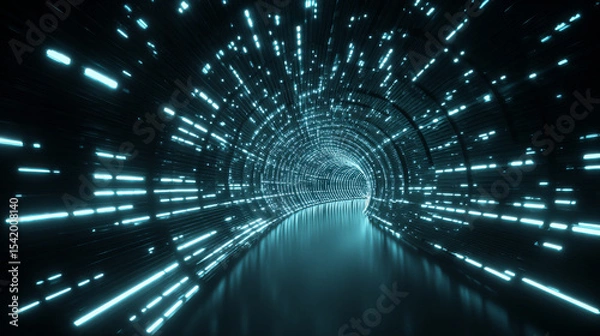 Fototapeta Cyber square tunnel consisting of moving glowing points. Futuristic infinite space background. Concept of data transfer in cyberspace. Hi-tech illustration. Vector illustration.