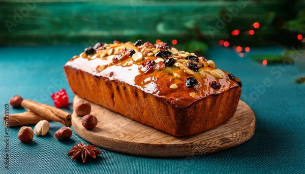 Obraz a beautifully glazed loaf of fruit bread topped with nuts is presented on a wooden board